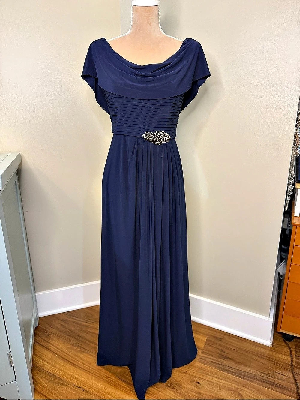 Alex Evenings Navy Draped Maxi Dress Size 8
